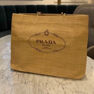 PRADA Straw Tote in Natural Yellow with Brown Logo